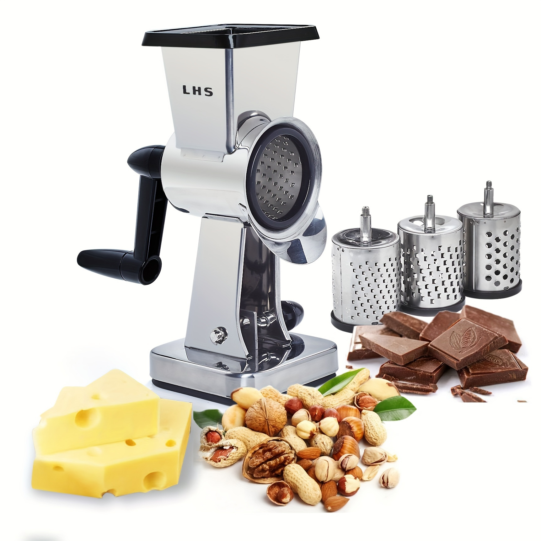 

1pc, Stainless Steel Cheese Grater And Chocolate - Manual Food Crusher With Interchangeable Drums - Perfect For Nuts, Cheese, And Chocolate - Kitchen Essential - 7.5 Inches