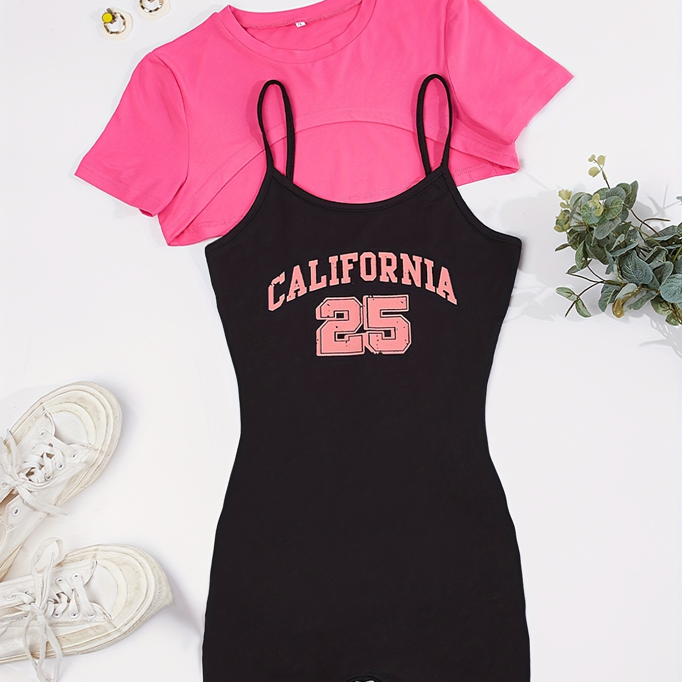 

California Print Summer Casual Two-piece Set, Solid Color Crew Neck Short Sleeve Top & Cami Romper Jumpsuit Outfits, Women's Clothing