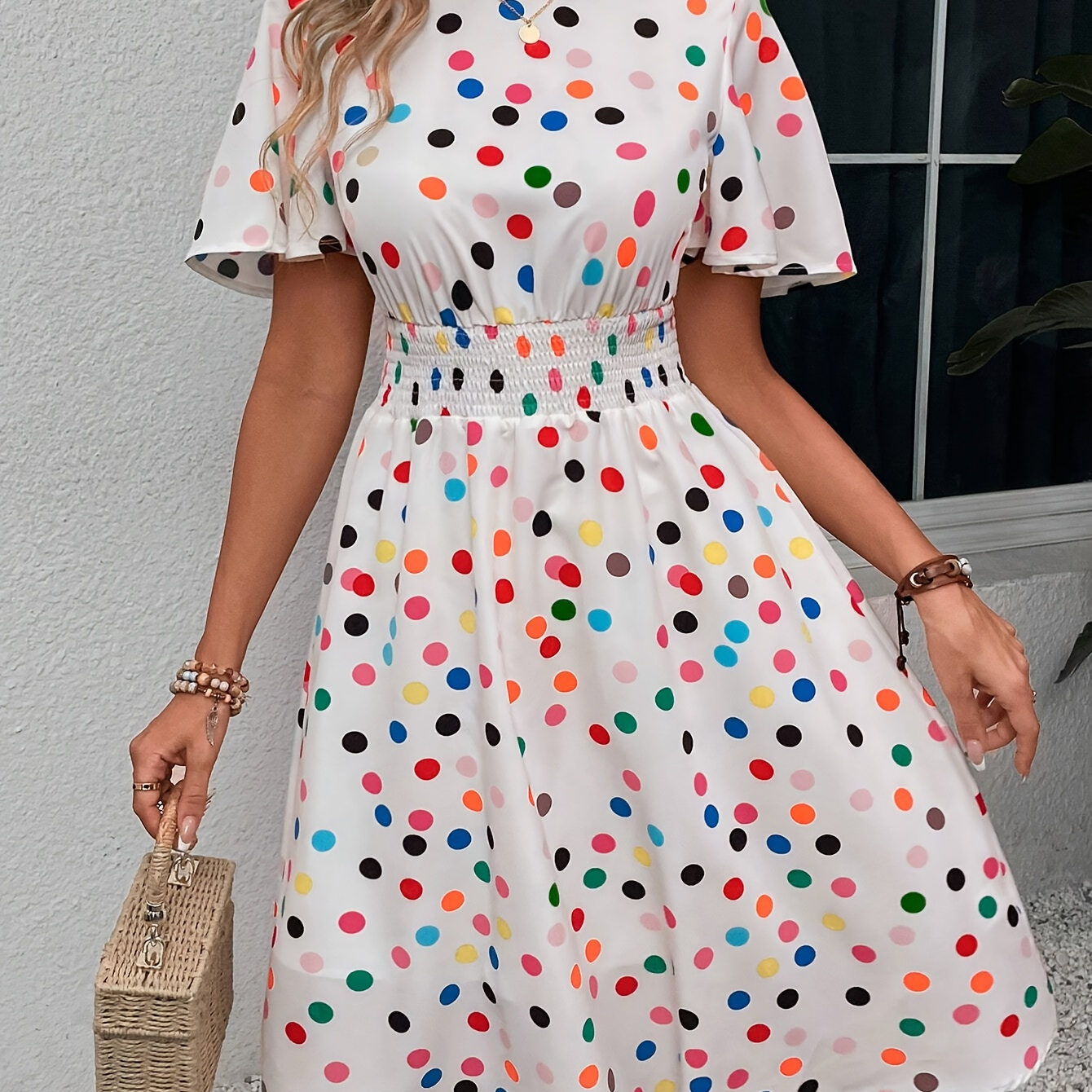 

Colorful Polka Dot Print Shirred A-line Dress, Elegant Crew Neck Short Sleeve Dress For Spring & Summer, Women's Clothing