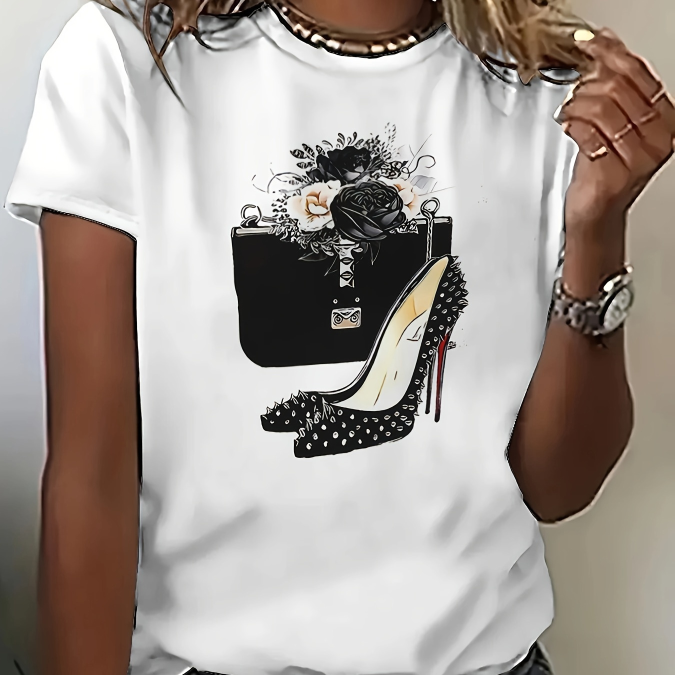 

Women's Fashion T-shirt With 3d High Heel And Handbag Print, 90% Polyester 10% Spandex, Crew Neck, Stretch, Knit Fabric, 180gsm - Stylish & Comfortable