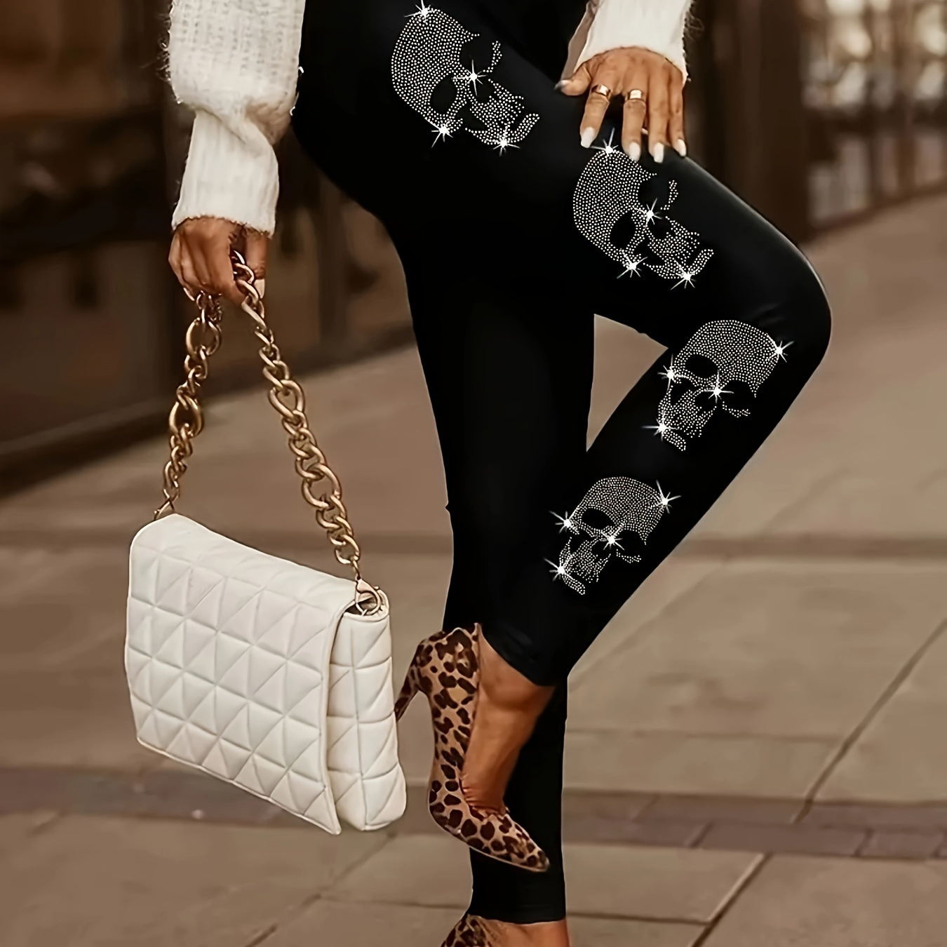 

Leggings en strass tête de mort grande taille, leggings skinny extensibles décontractés pour tous les jours, vêtements grande taille pour femmes