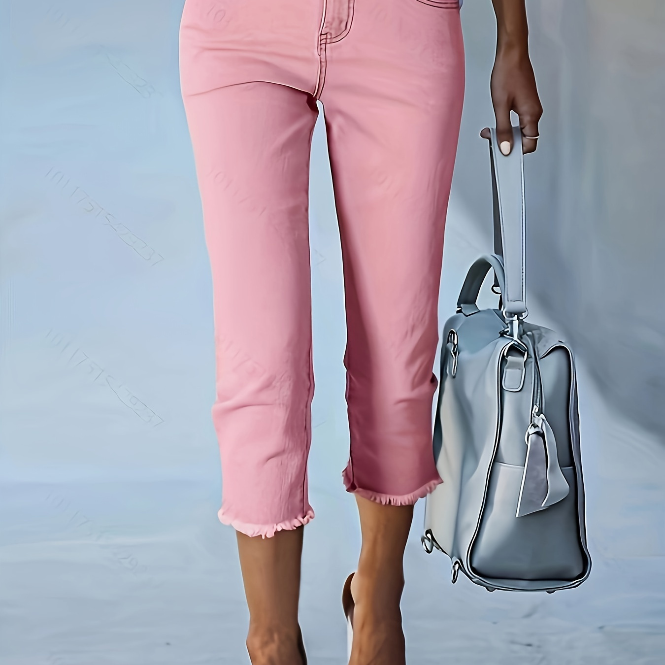 

Women's Summer Fashion Pinkish Plain Pastel Color Capri Pants, Casual Style, Frayed Hem, Stretchy Denim, Comfort Fit, Versatile Wardrobe Essential