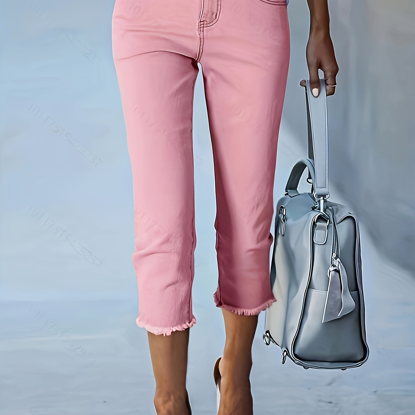 

Pantalon Capri rose pastel uni pour femme, style décontracté, ourlet effiloché, denim extensible, coupe confortable, essentiel polyvalent pour la garde-robe