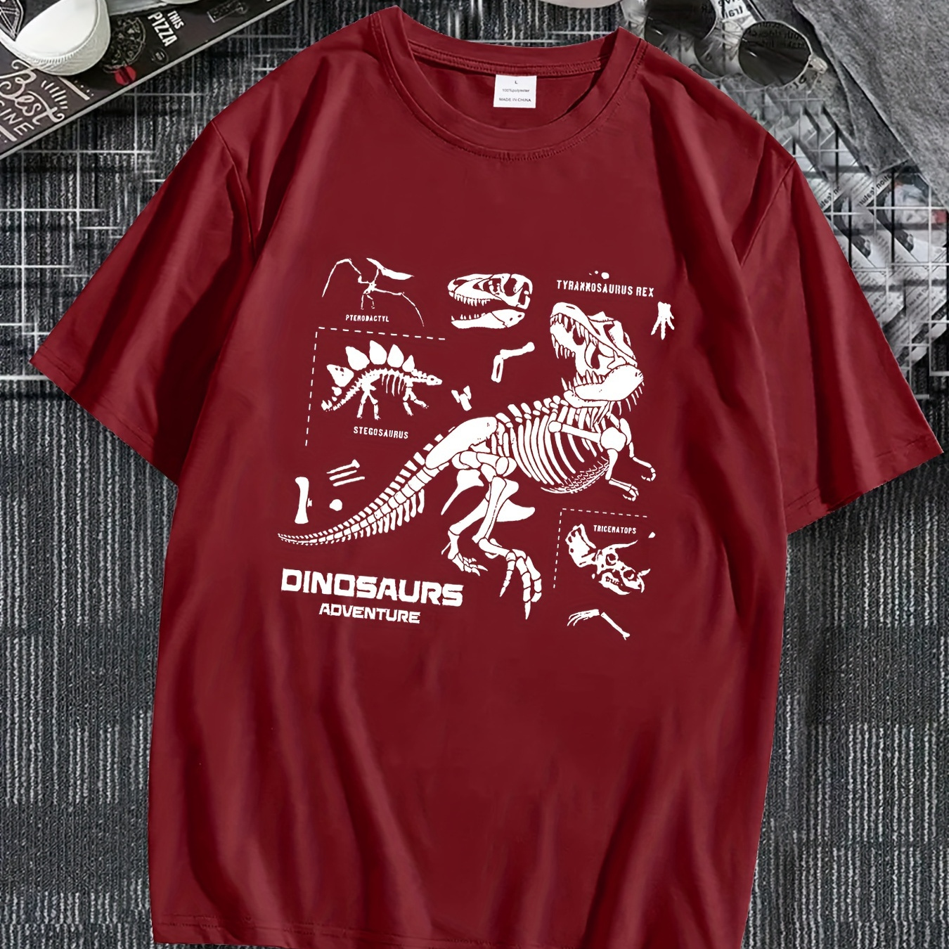 

Men's Casual Novelty T-shirt, Dinosaur Skeleton Creative Print Short Sleeve Summer Top, Stylish Crew Neck Tee For Daily Wear