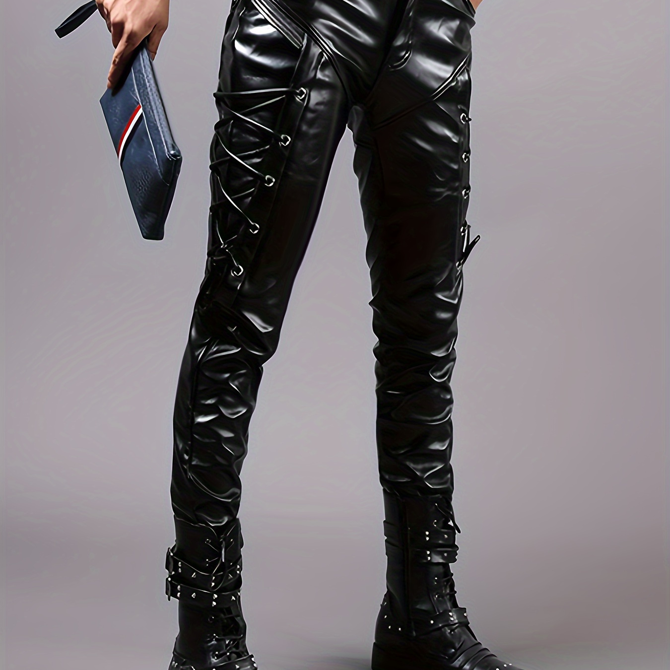 calça masculina de couro sintético street style, outono/inverno