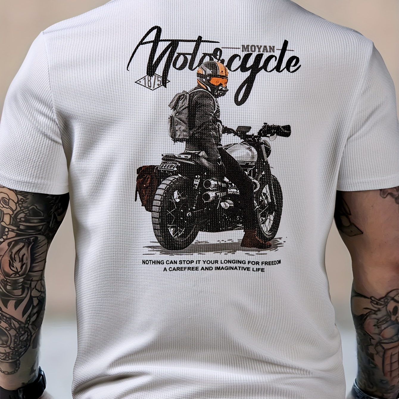 

Men's Waffle Knit Motorcycle Rider Pattern And Alphabet Print "motorcycle" Crew Neck And Short Sleeve T-shirt, Chic And Trendy Tops For Summer Outdoors Activities
