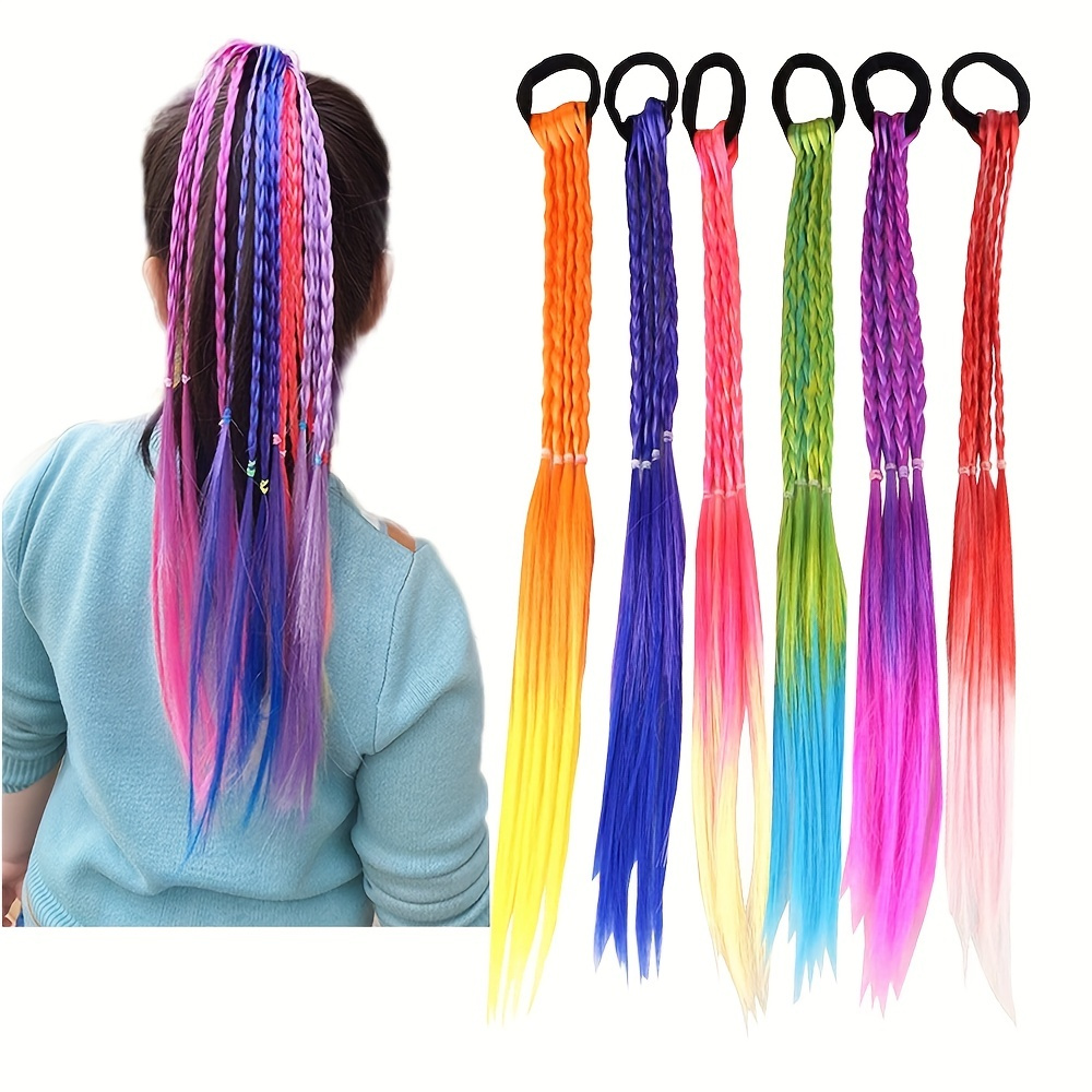 

6pcs Girl's Hair Extensions Accessories, Colorful Wigs Beauty Hair Bands Headwear Kids Twist Braid Rope Ponytail Hair Ornament, Hair Accessories Headdress For Kids Headbands Rubber Bands