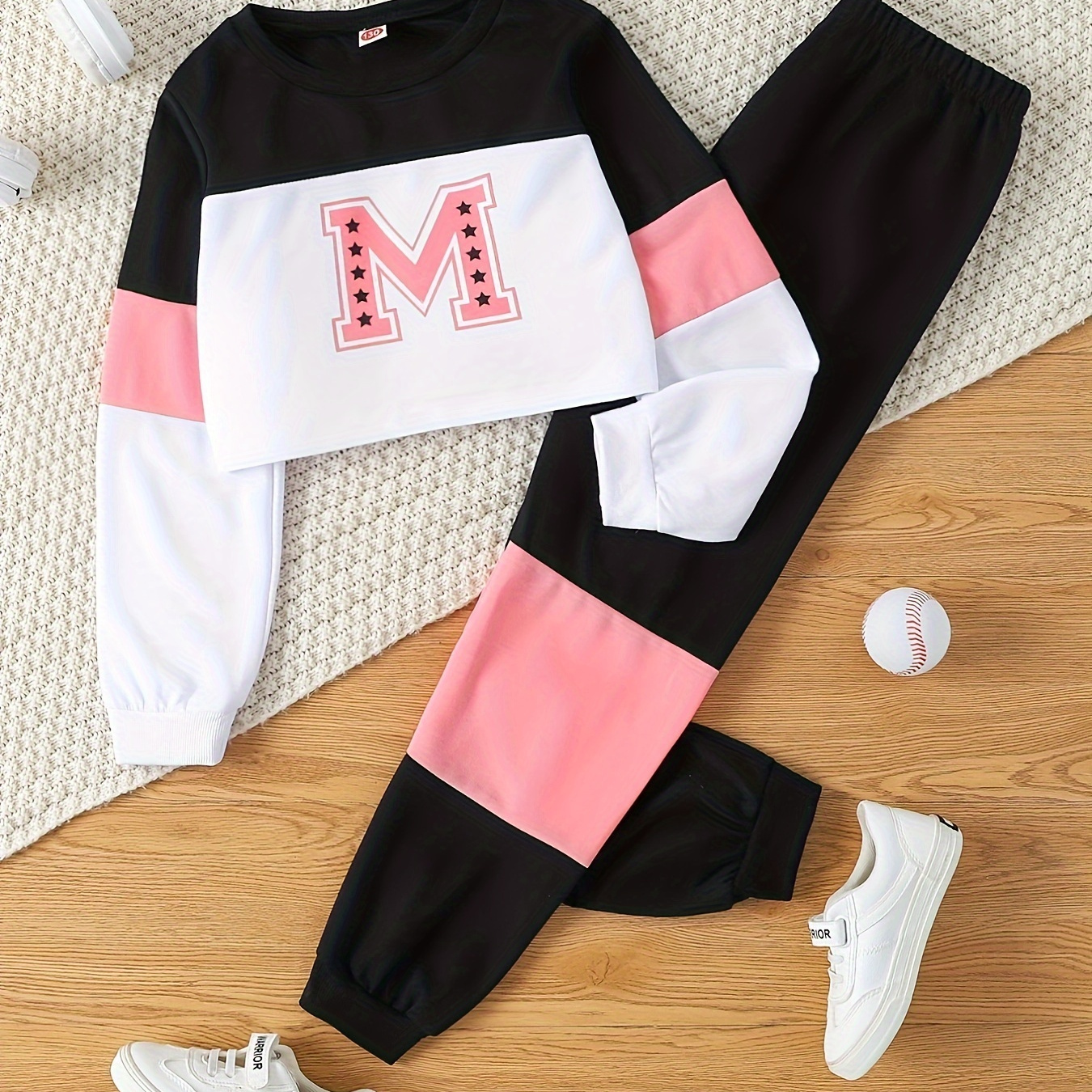 

2pcs Girls Splicing M Letter Graphic Outfits Cropped Long Sleeve Top + Jogger Pants Set For Spring Fall Gift Sports