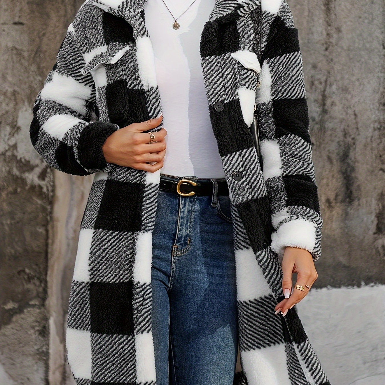 

Women's Casual Long Sleeve Fuzzy Coat, Double-sided Plush Lined Outerwear With Pockets