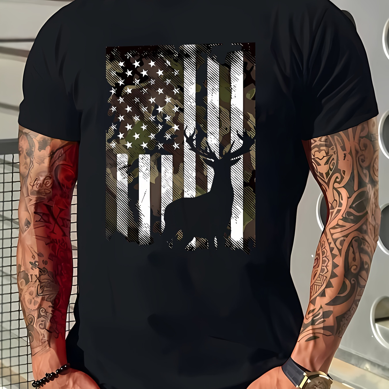 

Men's Patriotic Deer Print T-shirt, 95% Polyester 5% Spandex, Crew Neck, Short Sleeve, Regular Fit, Summer Knit Fabric Tee, 180gsm -