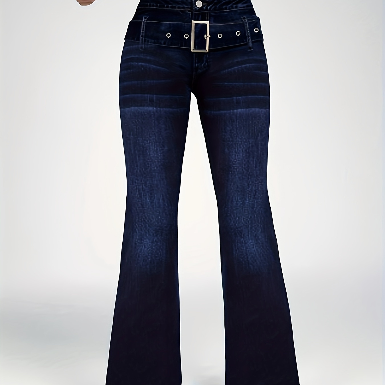 

Jean flared femme avec motif géométrique, pantalon denim décontracté avec ceinture élastique et boucle de ceinture, tissu stretch moyen tissé pour toutes les