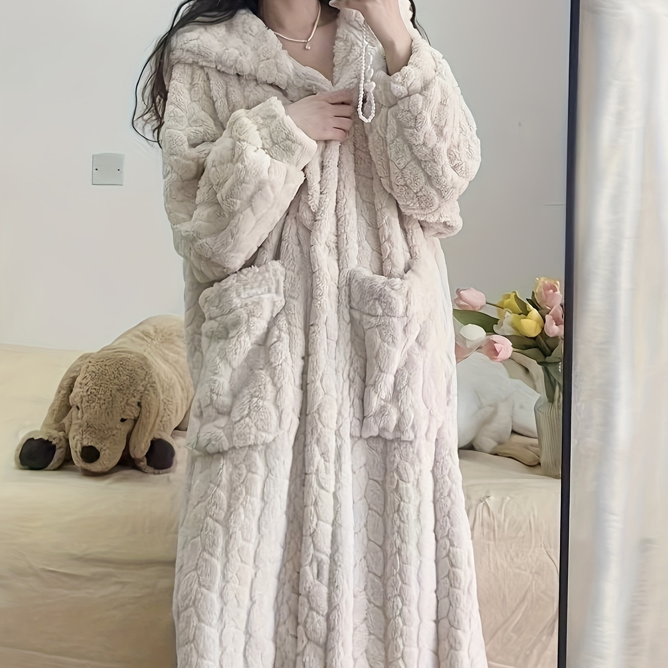 

Women's Hooded Dressing Gown - Polyester Coral Fleece Long Sleep Robe, Casual Solid Color Knit Fabric Bathrobe For Fall/winter Comfort And