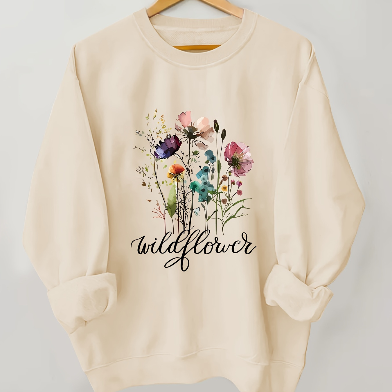 

Plus Size Elegant Floral Wildflower Neck Sweatshirt For Women - 100% Polyester Knit Fabric, Stretch, Long Sleeve Pullovers For Fall/winter