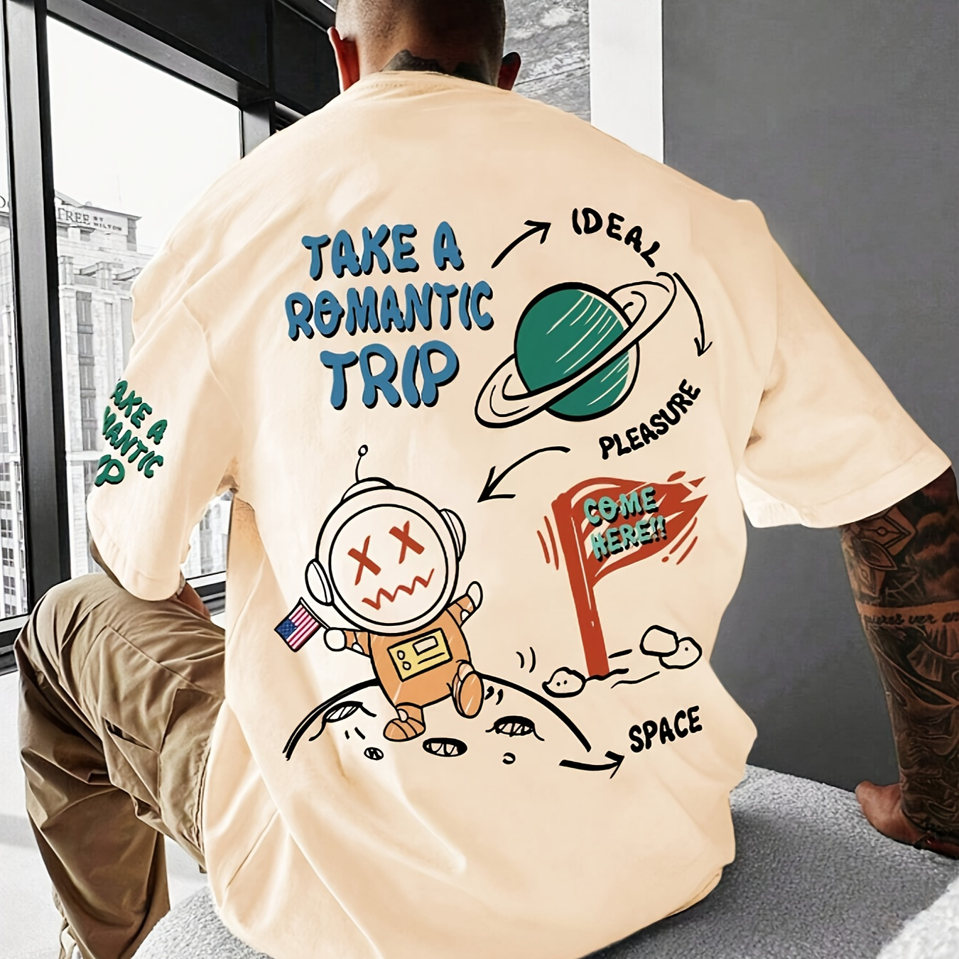 

Men's Astronaut Cartoon Print Crew Neck T-shirt Polyester Knit Fabric With Slight Stretch, Geometric Pattern Street Style Tee For Summer - Regular Fit Short Sleeve Casual Shirt