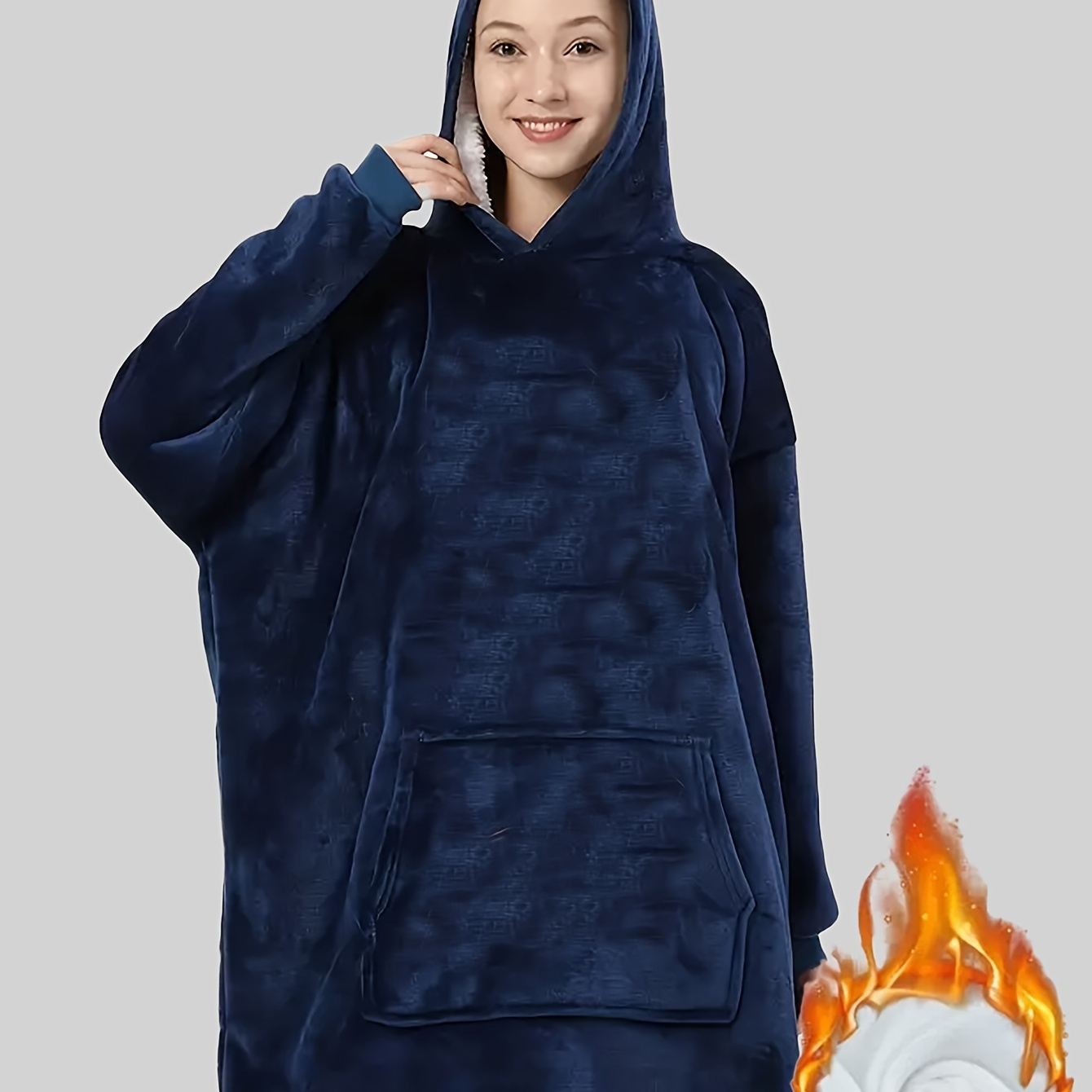 

Casual Solid Fleece Thickened Night Robe For Fall & Winter, Long Sleeve Hooded Loose Fit Robe With Pockets, Women's Sleepwear & Dresses