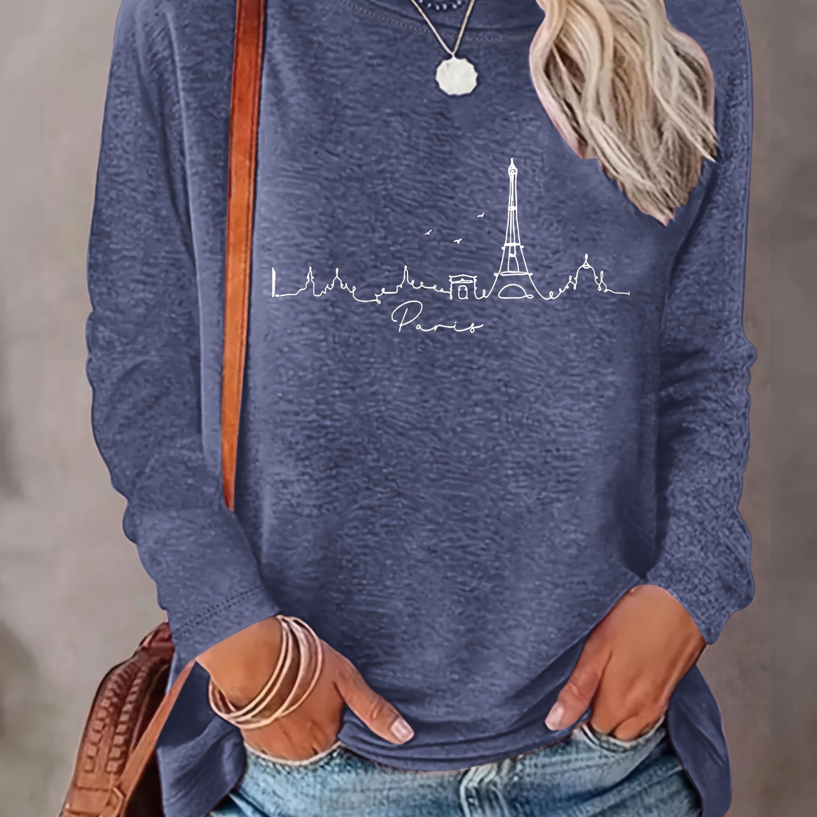 

Eiffel Tower Print T-shirt, Long Sleeve Crew Neck Casual Top For Spring & Fall, Women's Clothing