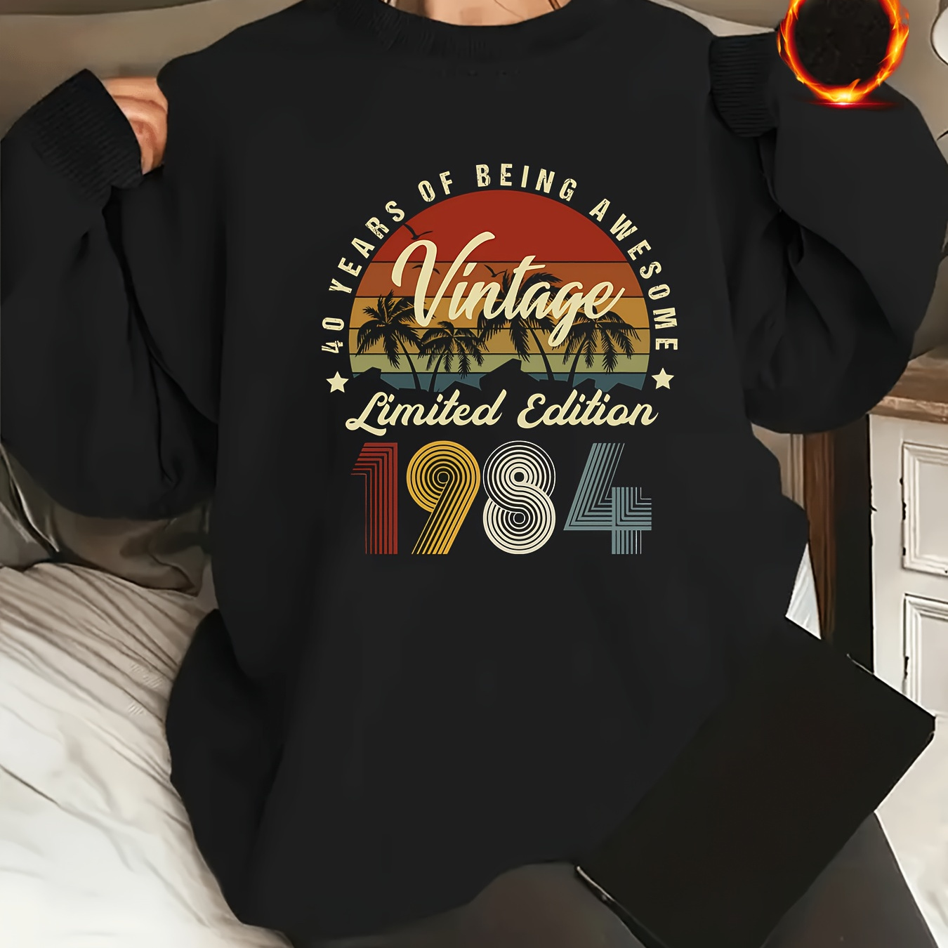 

1984 Vintage-inspired Adult Sweatshirt - Casual Round Neck Pullover With Cartoon Print, All-season Knit Fabric, Comfortable Warmth, Long Sleeve Top