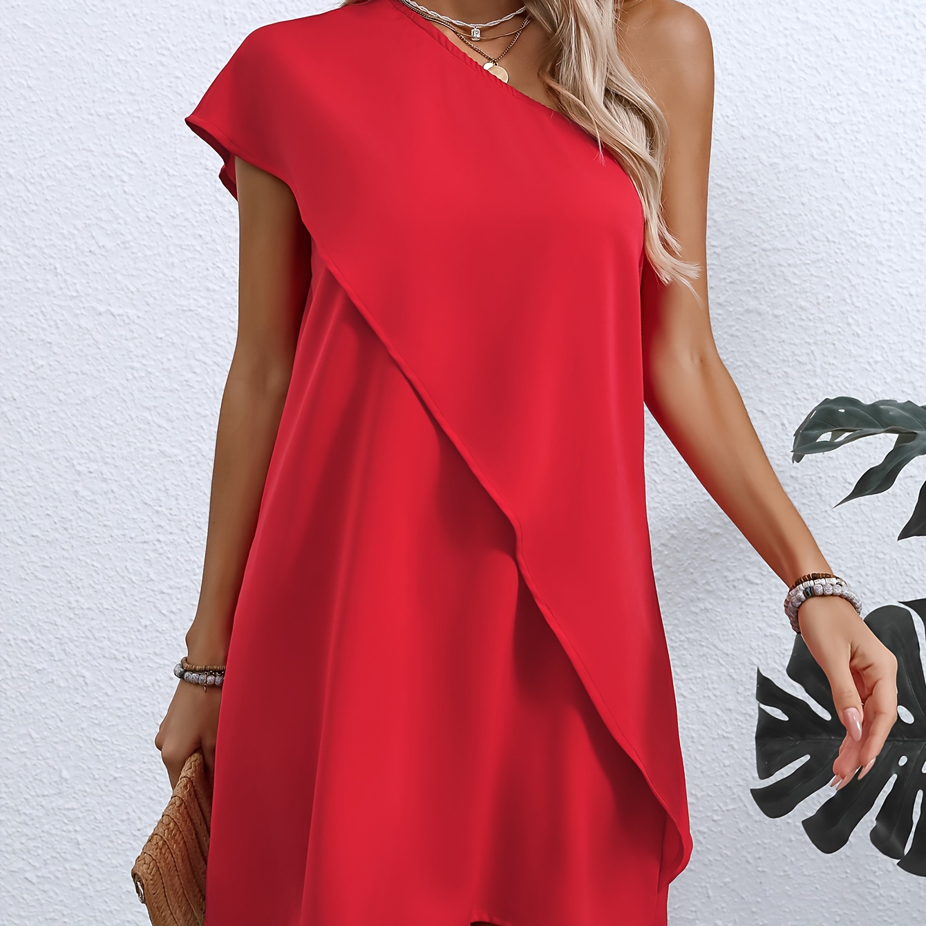 

Solid Shoulder Dress, Elegant Ruffle Trim A- Dress For , Women's Clothing