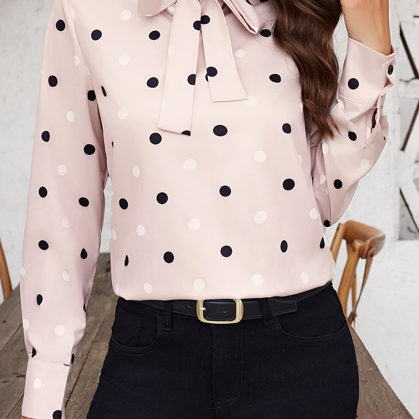 

Polka Dot Print Tie Neck Blouse, Elegant Long Sleeve Blouse For Spring & Fall, Women's Clothing