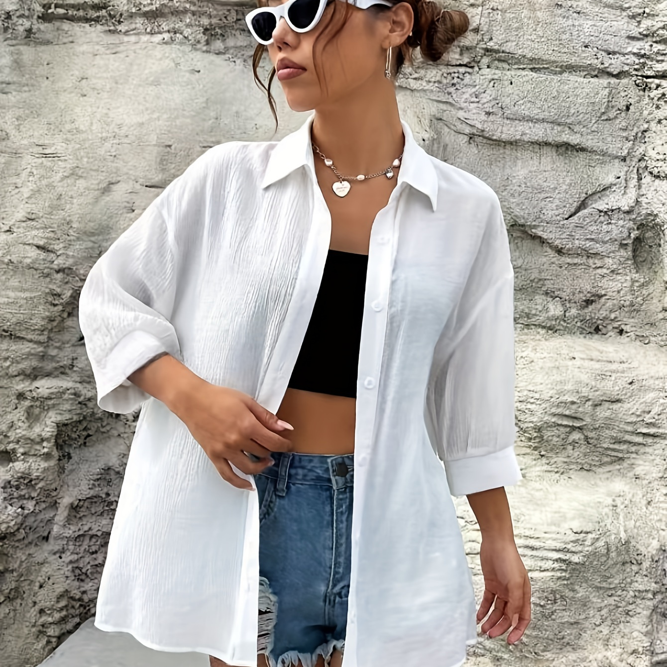 

Solid Color Button Up Collared Blouse, Casual 3/4 Sleeve Beach Blouse For Spring & Summer, Women's Clothing