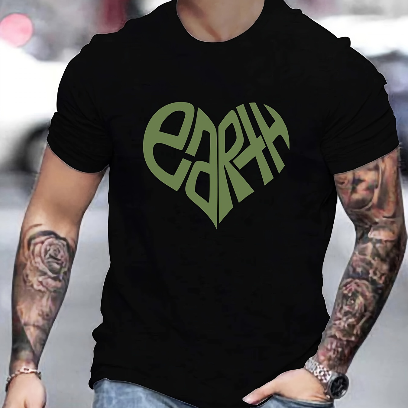 

Men's Casual Sports Loose T-shirts "earth" Heart Graphic Round Neck Short Sleeve Tees Top Summer Clothes