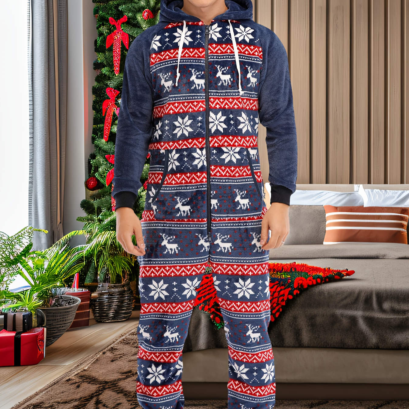 

Men's Cozy Fleece Christmas & Halloween Hooded Onesie Pajamas - Casual, Machine Washable Sleepwear With Drawstring Detail