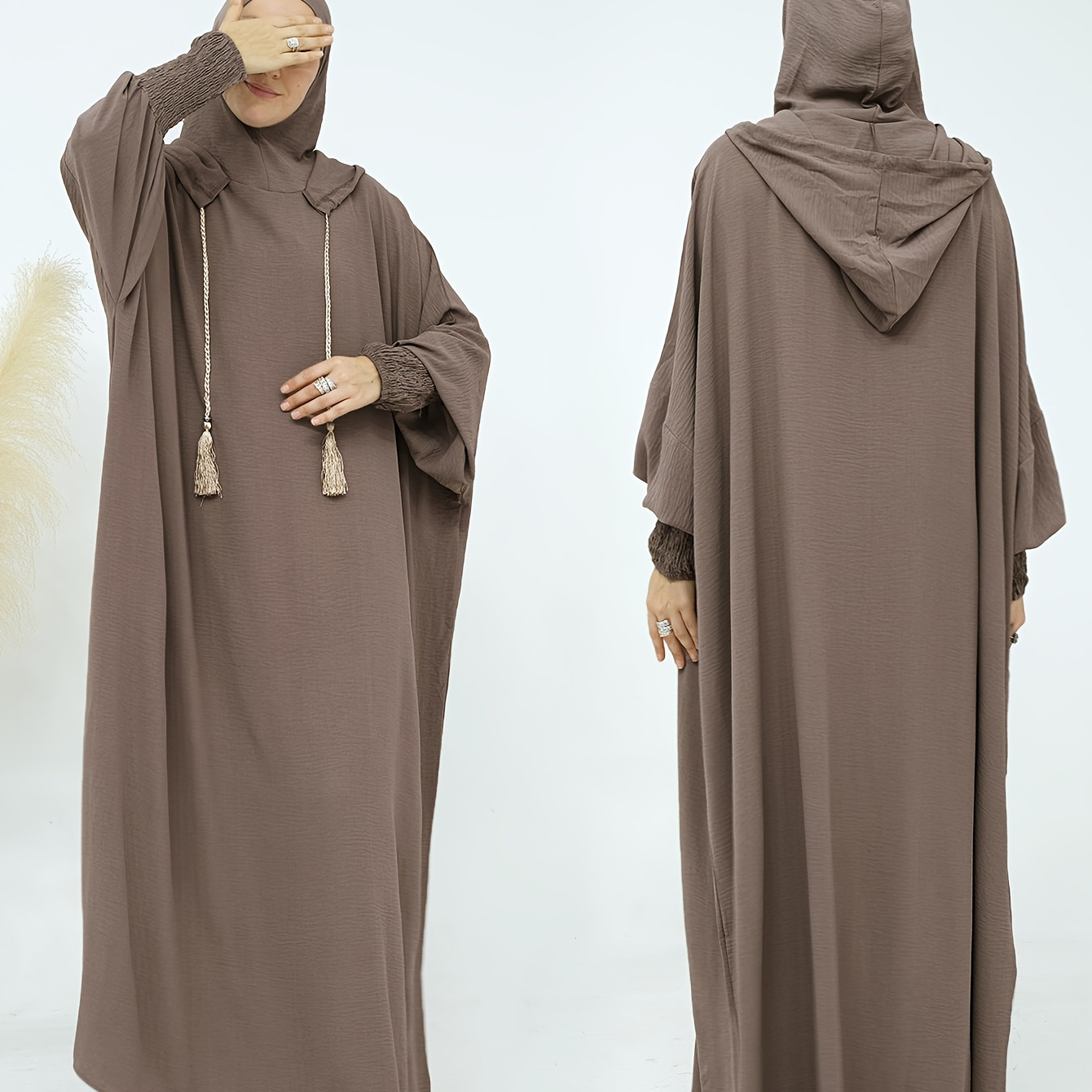 

1pc Elegant Polyester Hooded Long Dress With Batwing Sleeves, Solid Color Style With Drawstring, 100% Polyester Woven, Women's Robe