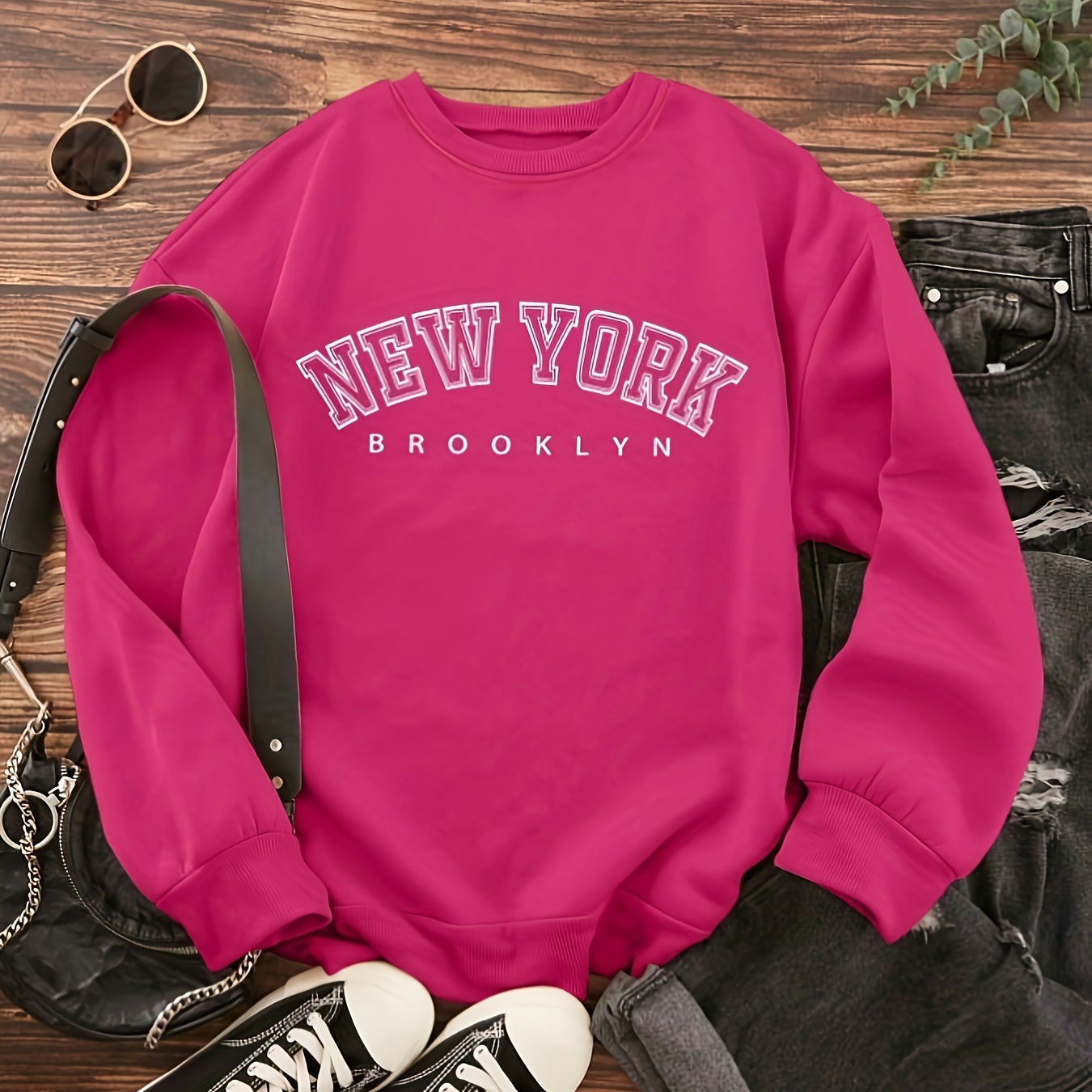 

New York Letter Print Crew Neck Sweatshirt, Long Sleeve Pullover Sports Sweatshirt, Women's Clothing