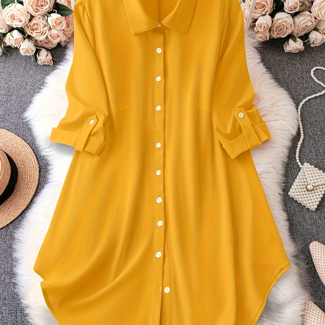 

Plus Size Solid Collared Button Shirt Dress, Casual Long Sleeve Shirt Dress For Spring & Fall, Women's Plus Size Clothing