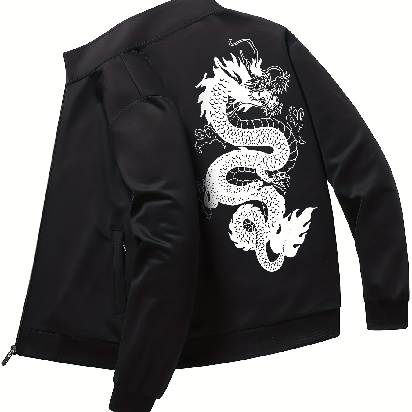 Plus Size Men's Dragon Print Baseball Jacket Oversized Band Collar Jacket For Fall Winter, Men's Clothing