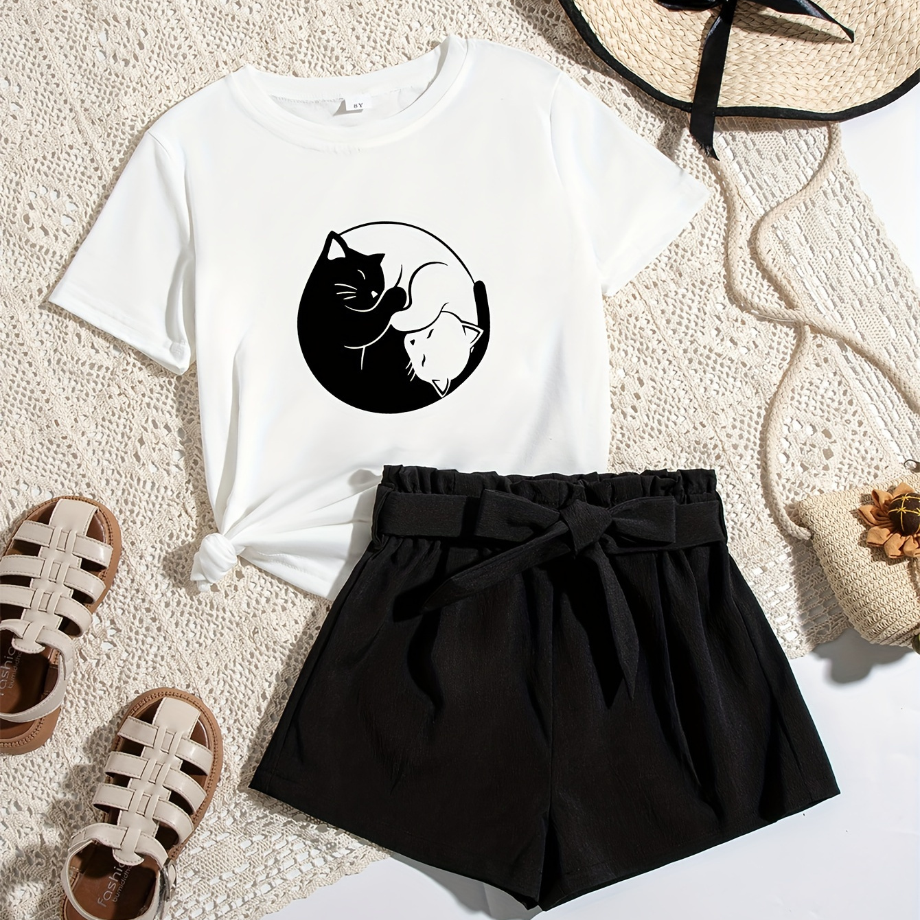 

Black And White Anime Cats Graphic Print, Girls' Casual & Stylish Outfit, 2pcs/set Short Sleeve Crew Neck Tee & High Waisted Paper Bag Shorts For Spring & Summer, Girls' Clothing