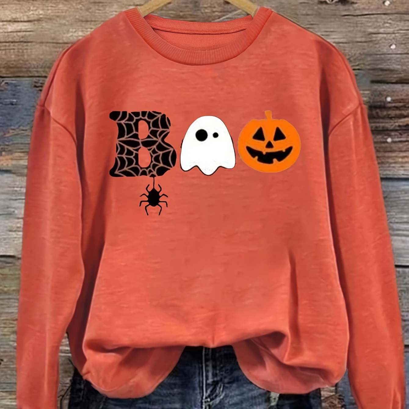 

Cozy Halloween-themed Orange Sweatshirt With Spider Web, & Pumpkin Print - Casual Long Sleeve Crew Neck, 100% Polyester, Machine Washable - Ideal For Fall/winter