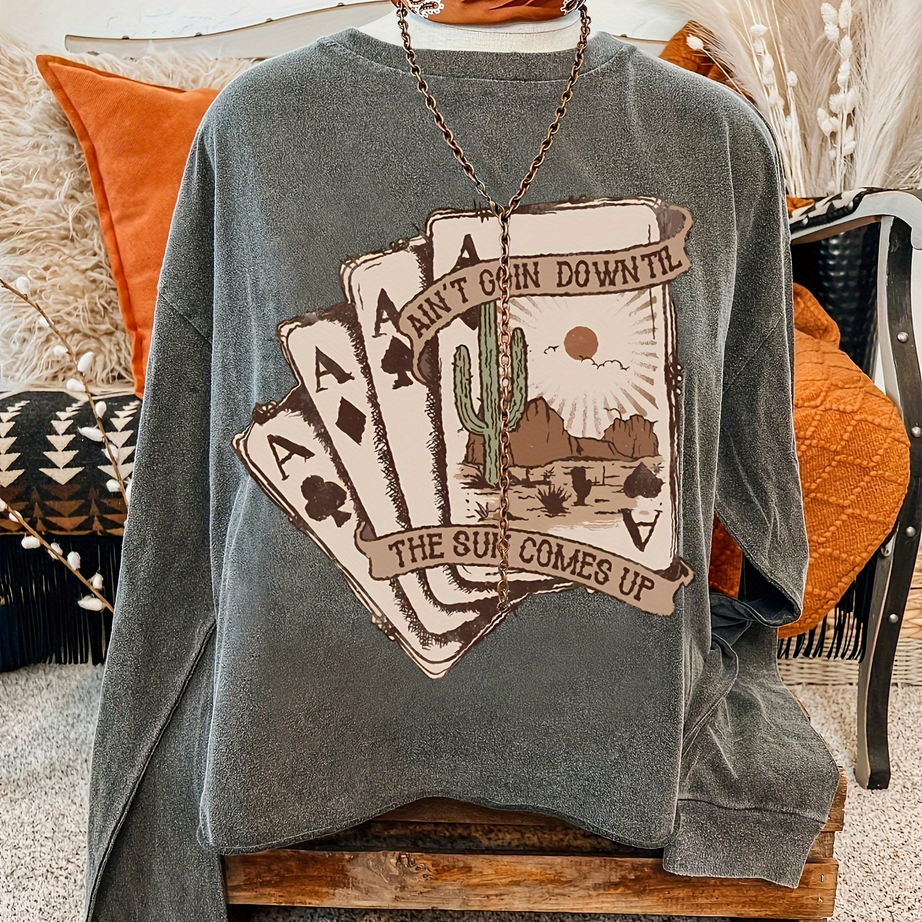

Western Graphic & Card Print Sweatshirt, Crew Neck Casual Sweatshirt For Fall & Spring, Women's Clothing