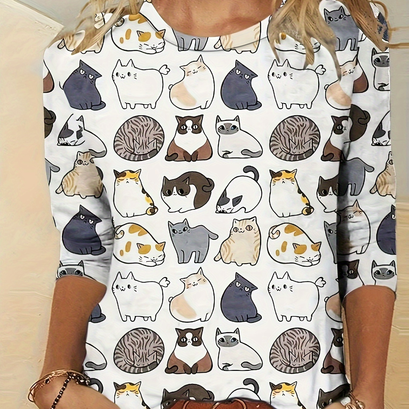 

Plus Size Casual T-shirt, Women's Plus Allover Cute Cat Print Long Sleeve Round Neck Medium Stretch T-shirt