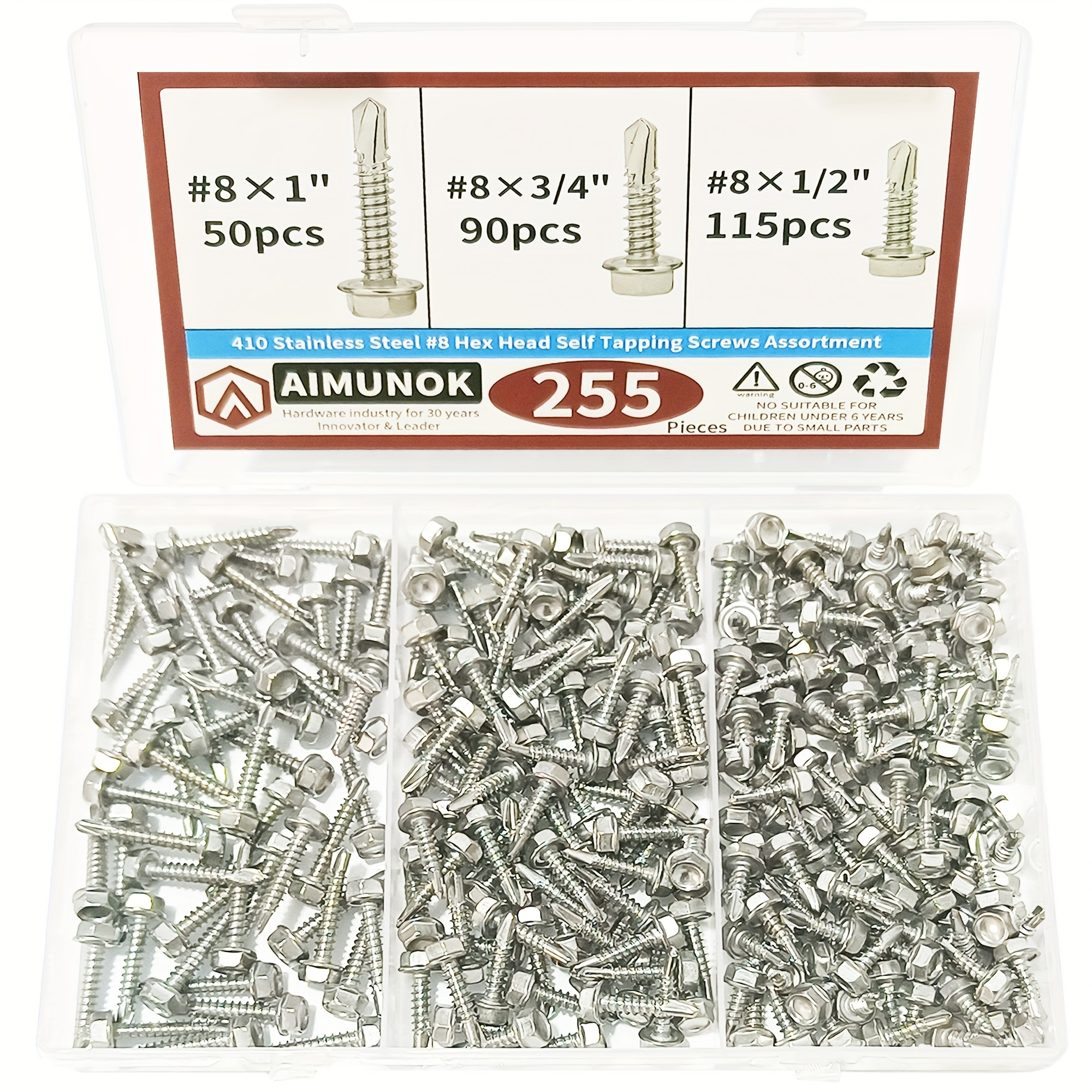 255pcs 410 Stainless Steel Self Tapping Screws Assortment, Hex Head Self Drilling Screws For Metal, Size : #8 X 1/2" #8 X 3/4" #8 X 1"