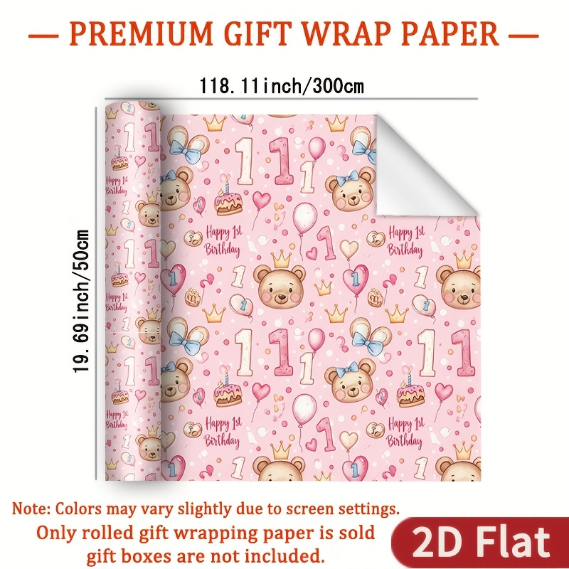 TEMU 1 Rolle 2D Flaches 'S Cartoon Illustration Geschenkpapier Glänzendes Papier - Rosa Hintergrund Niedlicher Handgezogener Bär mit Krone, Zahl 1,