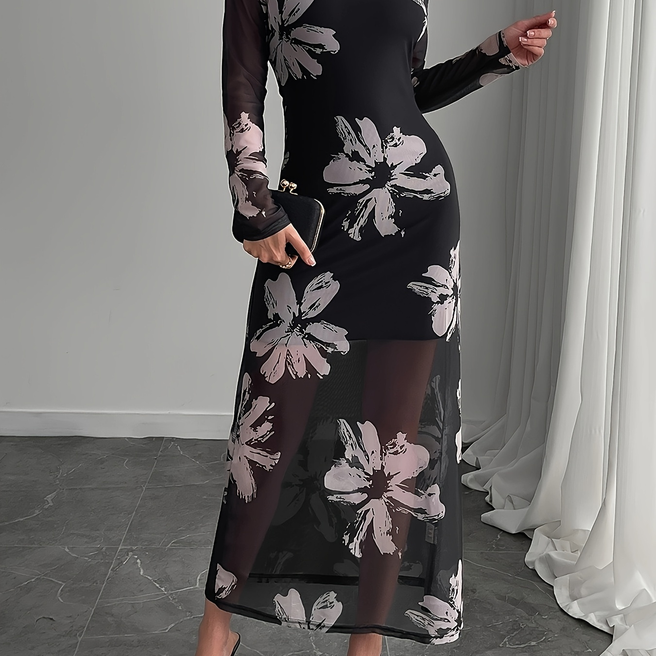 

1pc Elegant Floral Print Maxi Dress For Women, Polyester Knit Fabric, Crew Neck, Fitted Long Sleeve, Spring/fall Fashion, Adult - Black With