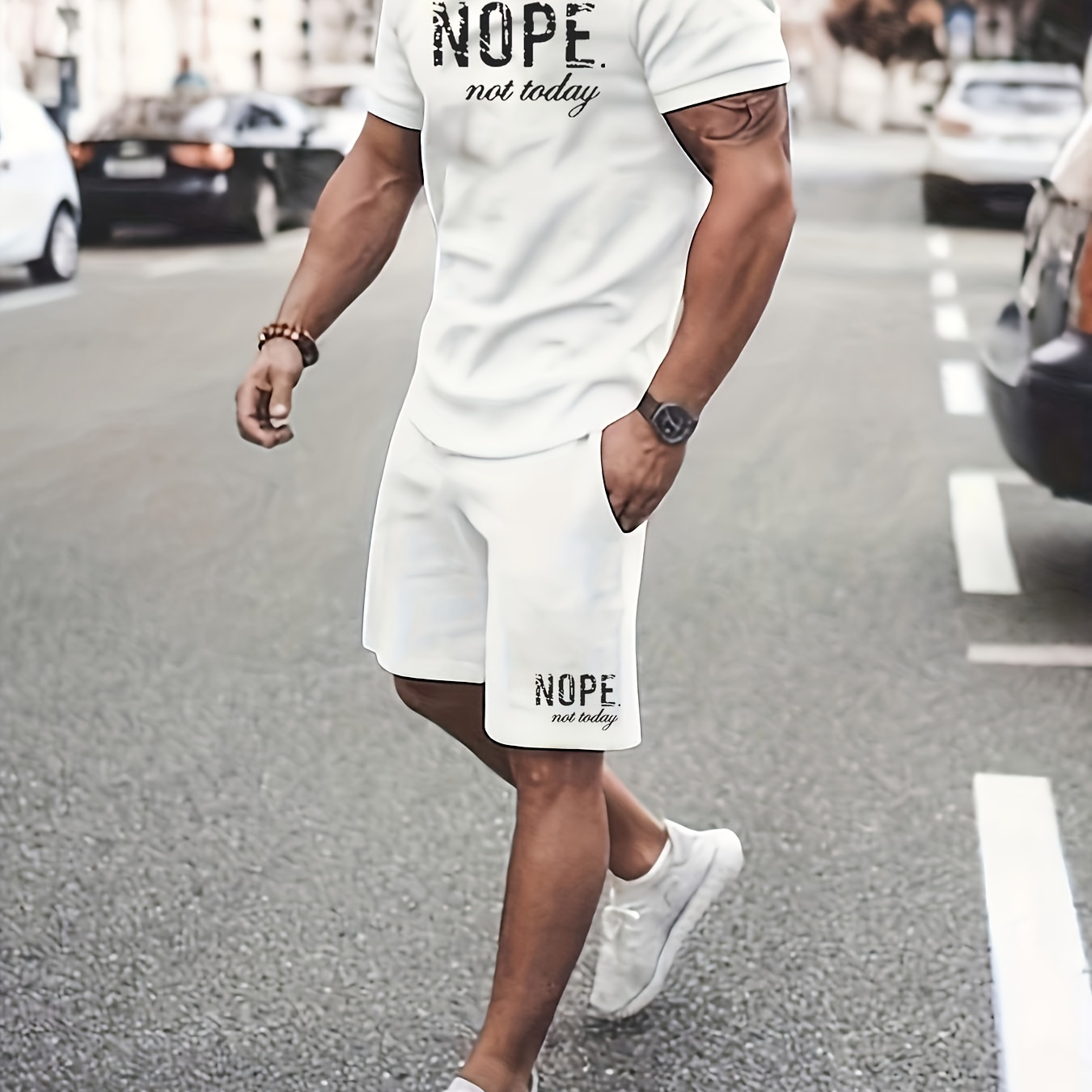 

Men's Plus Size "nope" Letters Print Short-sleeve T-shirt Shorts Set, Summer Trend Graphic 2pcs Outfits For Sports, Workout, Men Clothing