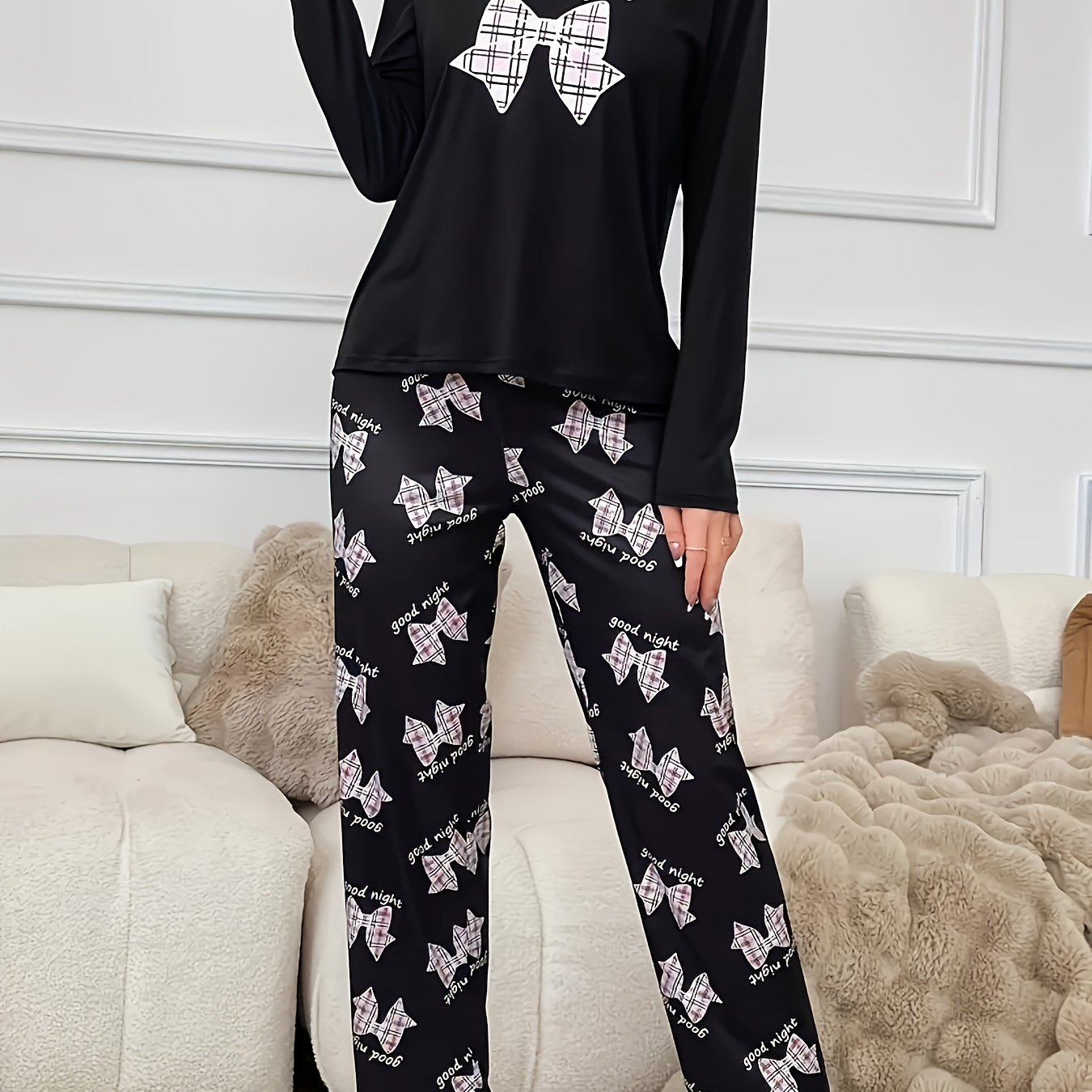 

Cozy Bow-knot Women's Pajama Set - Long Sleeve & Loose-fit Pants, Soft Polyester , Fall/winter