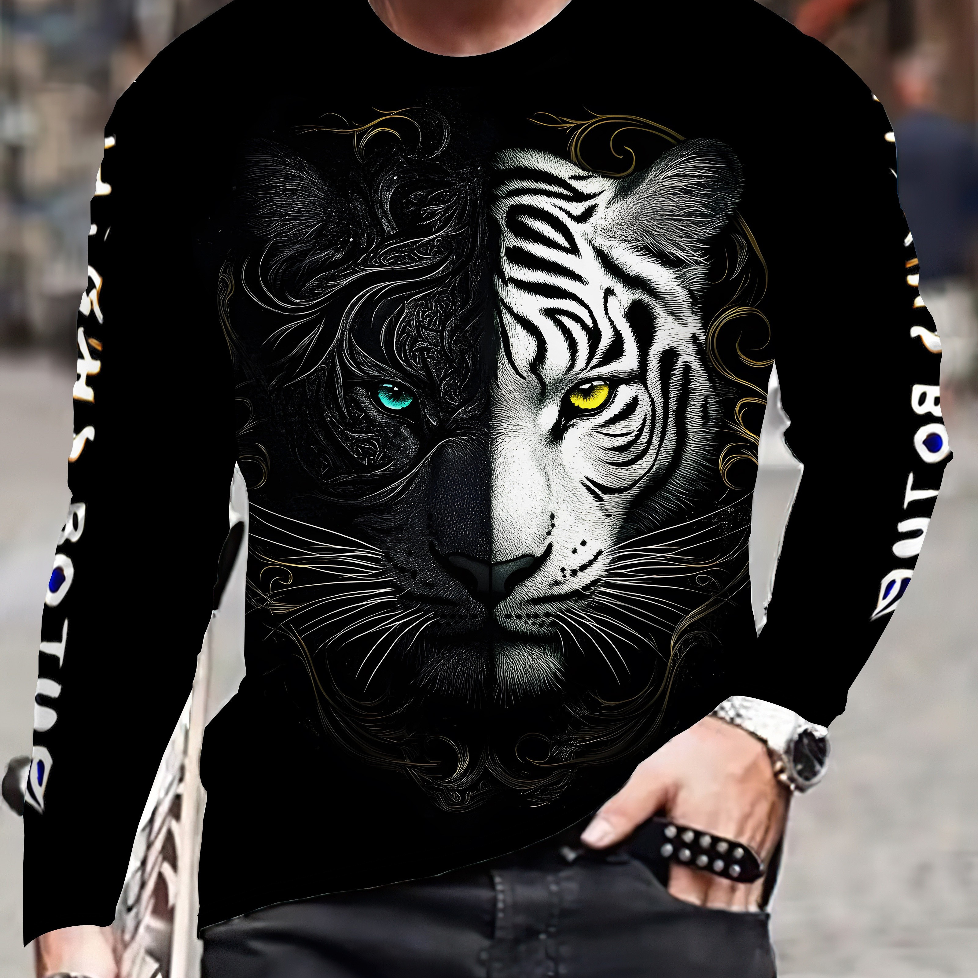 

T-shirt à manches longues imprimé tigre 3D pour homme, mélange polyester et spandex, col rond, légèrement extensible, motif animal, coupe régulière, pour décontracté et