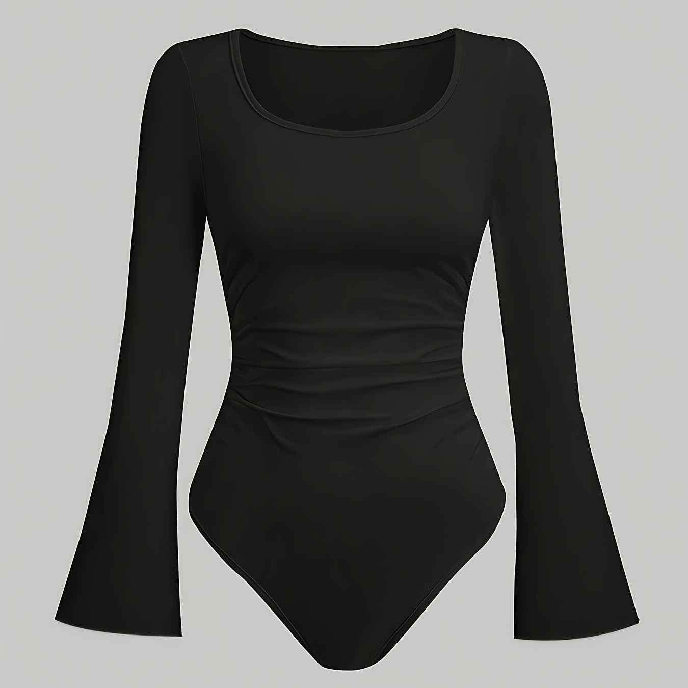 

1pc Y2k Style Women' Color Slim Fit Bell Sleeve Bodysuit, Polyester Knit Boat Neck Long Sleeve Leotard For All