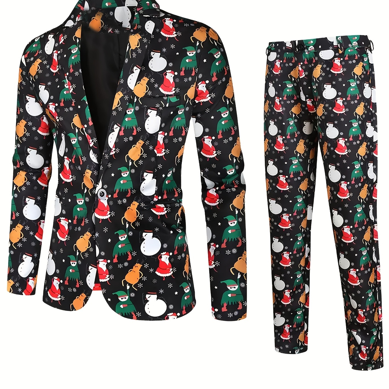 

Ensemble Homme Thème de Noël avec Imprimé de Personnages de Dessins Animés, Blazer à Manches Longues + Pantalon, Ensemble Co Ord 2pcs pour Printemps Automne Hiver