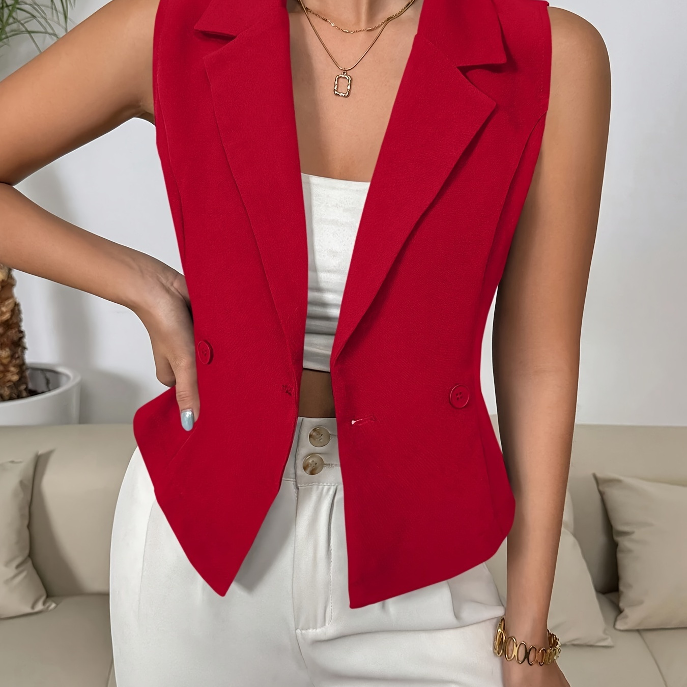 

Double-breasted Lapel Neck Blazer Vest, Elegant Slim-fit Sleeveless Blazer, Women's Clothing