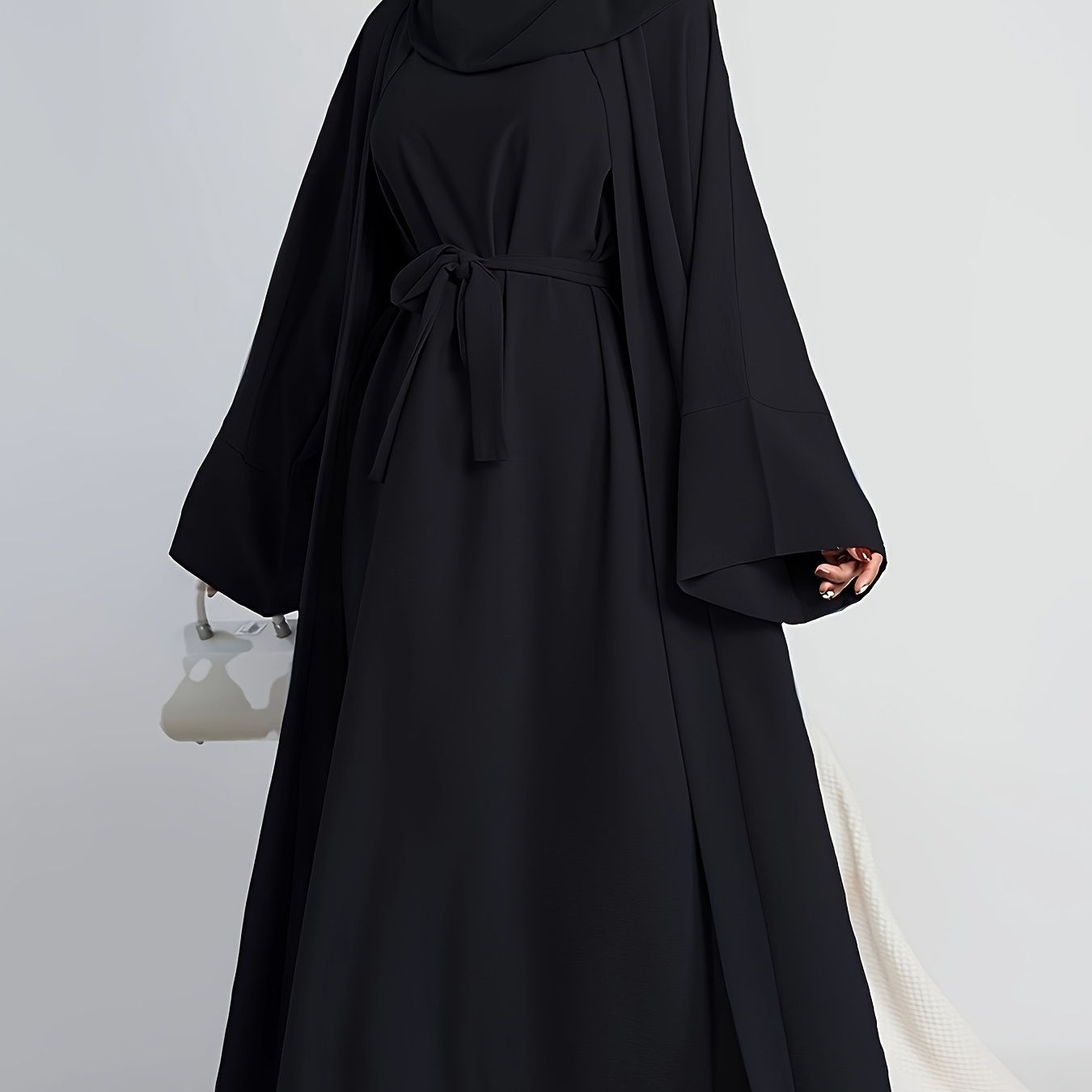 

Elegant Solid Two-piece Modest Set, Tie Waist Maxi Dress & Long Sleeve Open Front Cover Up Outfits, Women's Clothing