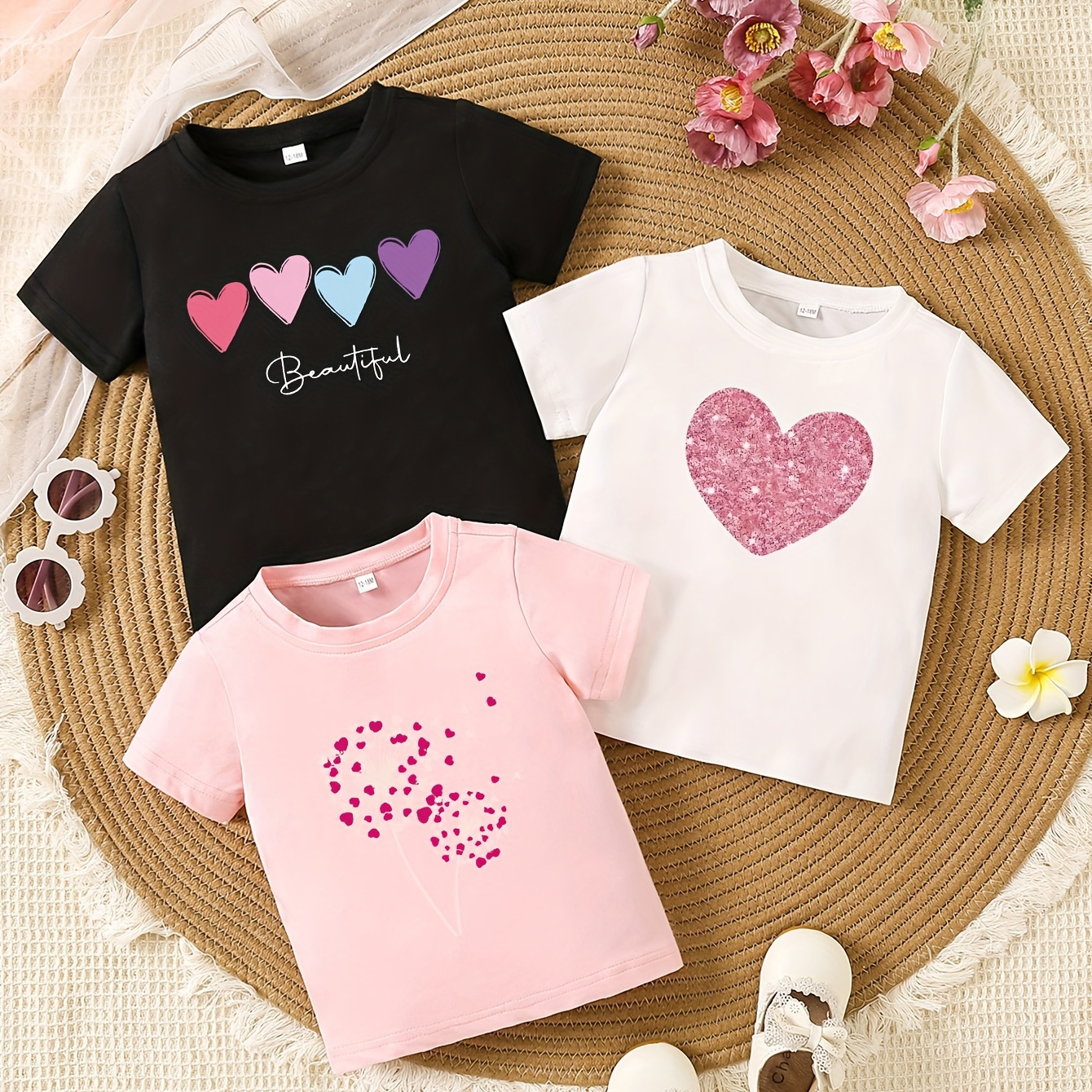 

3pcs Baby's Heart Pattern T-shirt, Casual Short Sleeve Tee Shirt, Toddler & Infant Girl's Tops For Summer