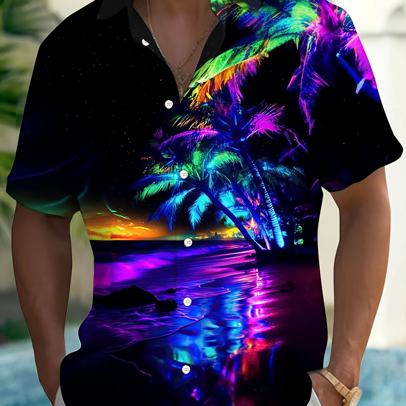 

Men's Vibrant Tropical Gradient Print Hawaiian Shirt - Short Sleeve Button-up, Polyester, With Colorful Palm Tree & Sunset Design, Casual Wear