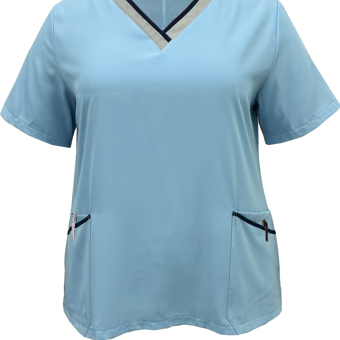 

Plus Size Contrast Trim Scrub Tops, Casual V Neck Short Sleeve Patched Pockets Nurse Uniform, Women's Plus Size Clothing