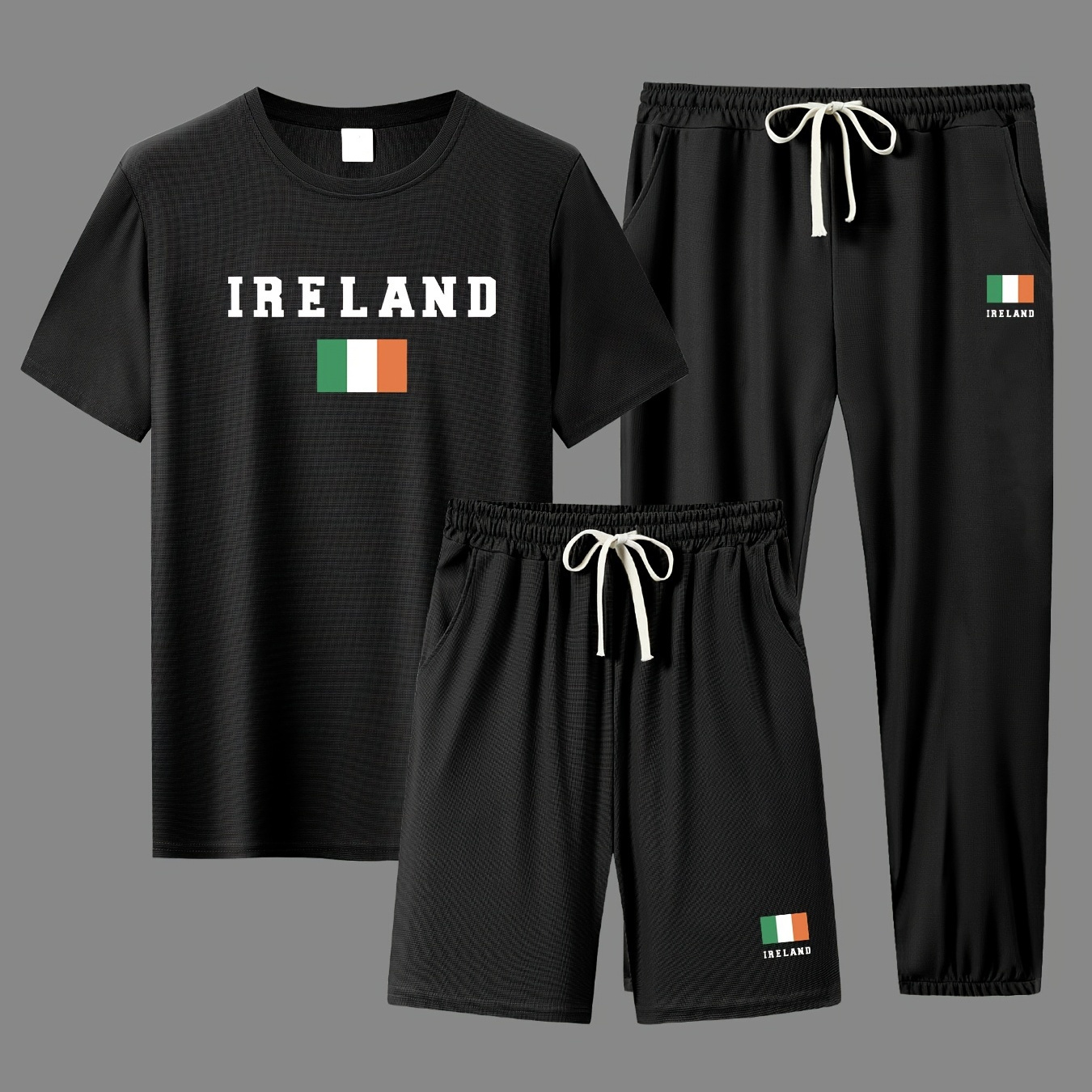 

Ireland Men's 3-piece Casual Sports Set, Short Sleeved T-shirt And Shorts And Pants Set, Breathable Summer Clothing
