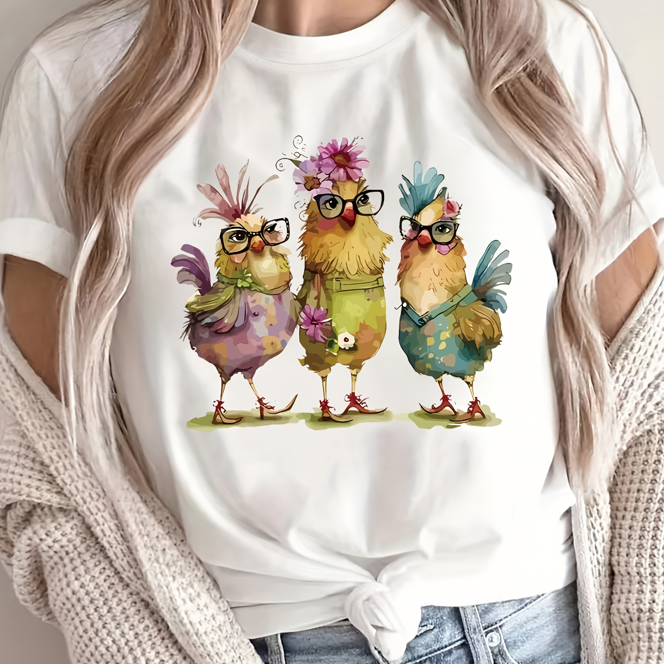 

Plus Size Cartoon Chicken Print T-shirt, Casual Short Sleeve Top For Spring & Summer, Women's Plus Size Clothing