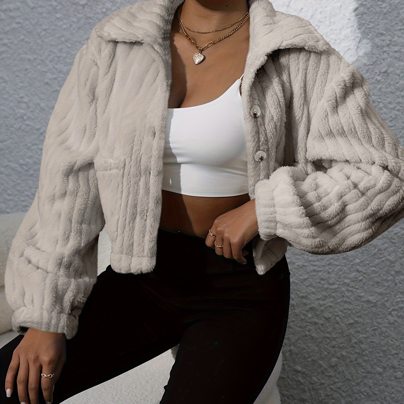 

Fuzzy Button Front Warm Coat, Casual Long Sleeve Crop Outerwear For Fall & Winter, Women's Clothing